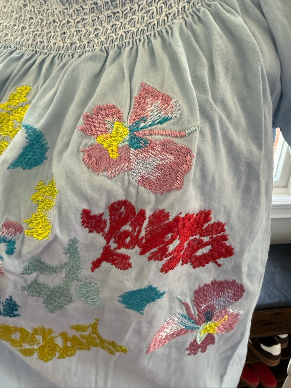 grand & greene Light Blue Embroidered Floral Smocked Top blouse size large - Picture 6 of 10